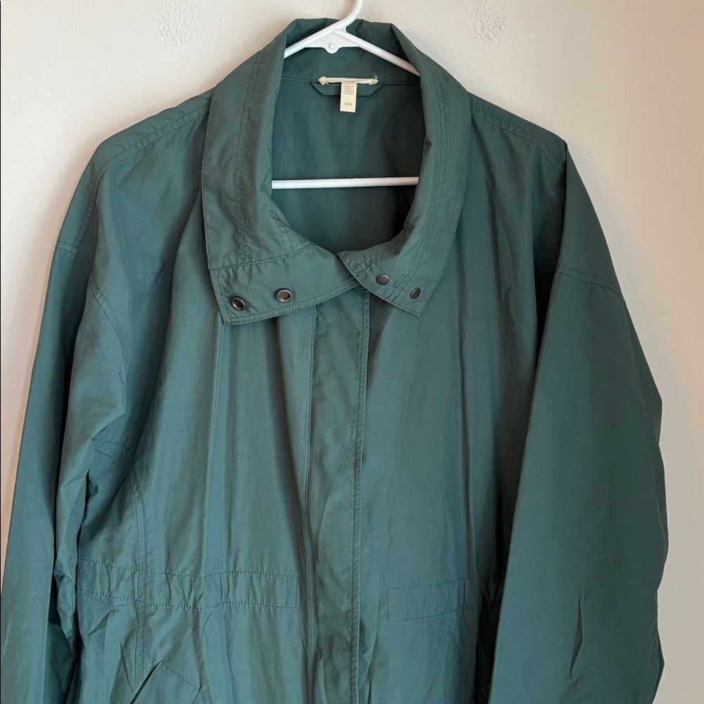 Eileen Fisher Dark Green Long nylon Fall Spring Trench Coat rain jacket medium